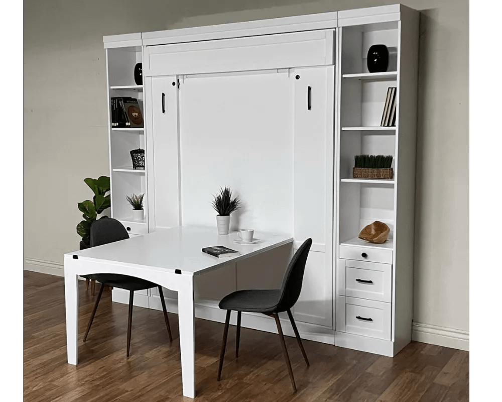 Table Murphy Bed with Desk Attachment in the Ryland Queen Style. This Murphy Bed is Shown in White paint with the Attached folding table