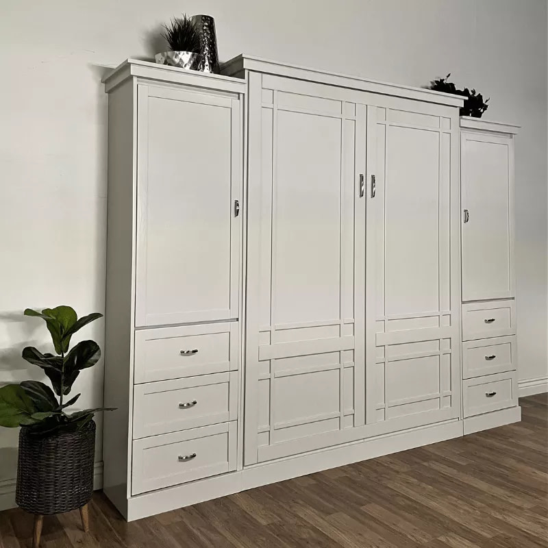 Glenn Ellyn Queen size Murphy Bed with Wardrobe cabinets that have three drawers and optional lighting. Shown in Alabaster Wallbed Paint